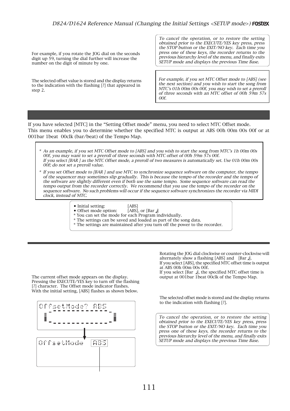 Setting offset mode, Setting offset mode (“offset mode ?” menu), Setting mtc offset mode | Press the execute/yes key, Use the jog dial to select the desired offset mode | Fostex D1624 User Manual | Page 111 / 136