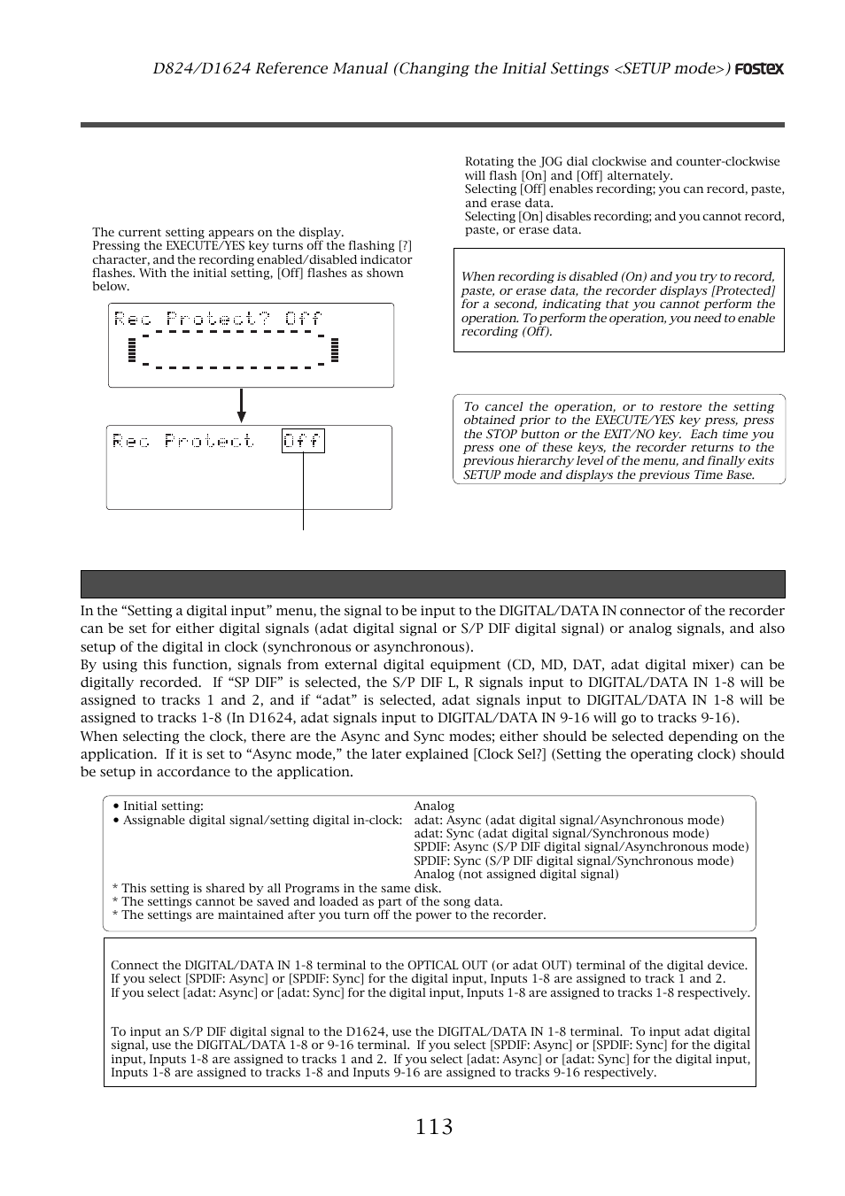 Setting digital input, Setting digital input (“d. in ?” menu), Recording enabled/disabled | Use the jog dial to enable or disable recording, Press the execute/yes key, When using the d824, When using the d1624, Flashing | Fostex D1624 User Manual | Page 113 / 136