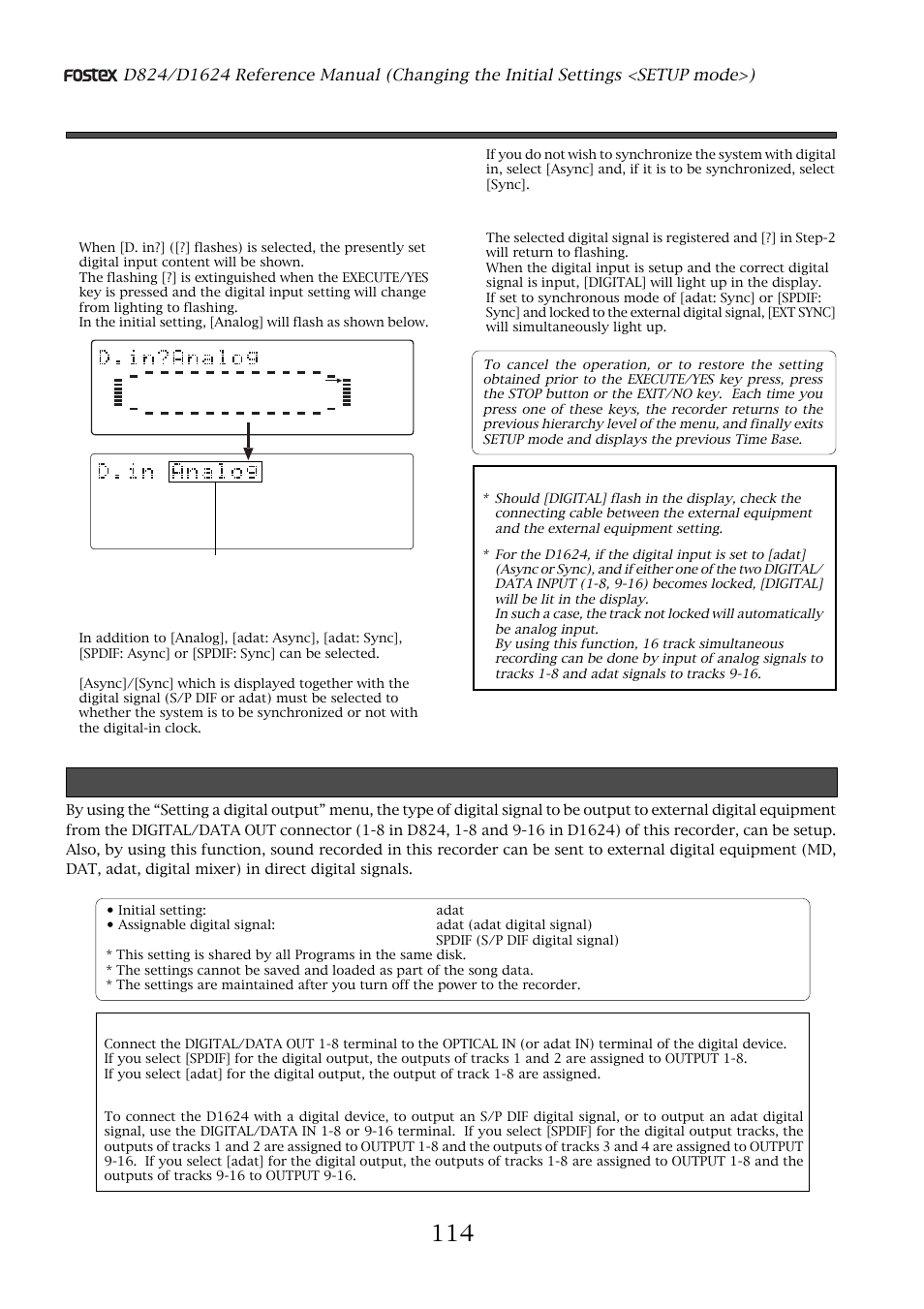 Setting digital output, Setting digital output (“d. out ?” menu), Setting digital input | After selecting, press the execute/yes key again, When using the d824, When using the d1624 | Fostex D1624 User Manual | Page 114 / 136