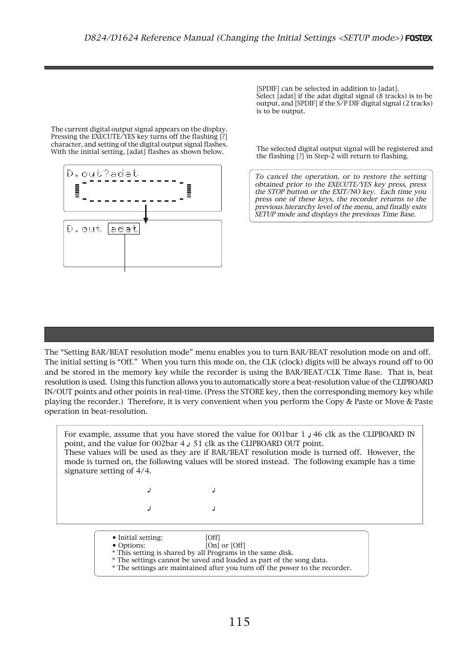 Setting bar/beat resolution mode, Setting digital output, While the [adat] is flashing, turn the jog dial | 00 clk (a clk value of 51 will be rounded up.) | Fostex D1624 User Manual | Page 115 / 136