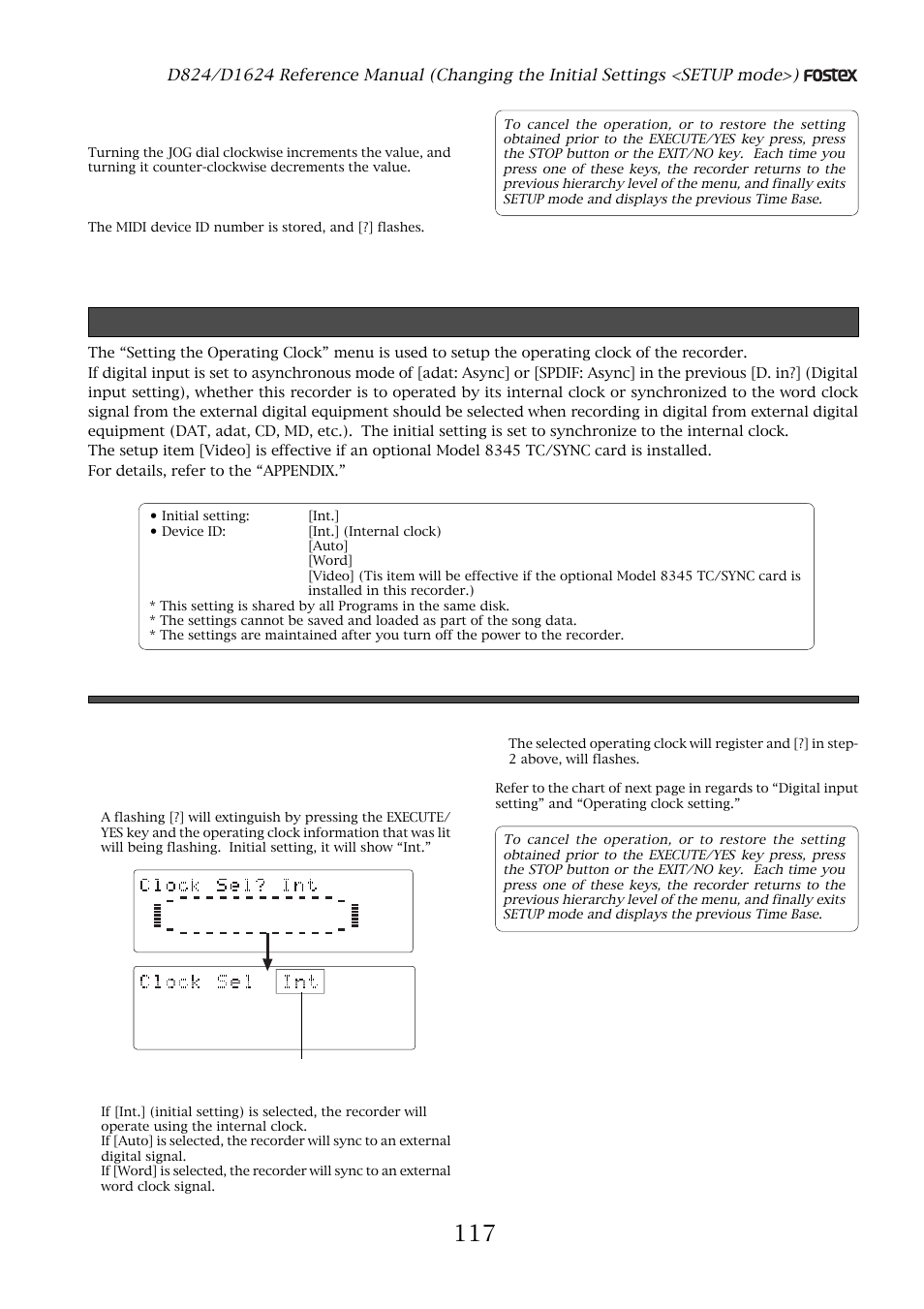 Setting the operating clock, Setting the operating clock (“clock sel ?” menu), Press the execute/yes key | With the jog dial, select the operating clock, Flashing | Fostex D1624 User Manual | Page 117 / 136