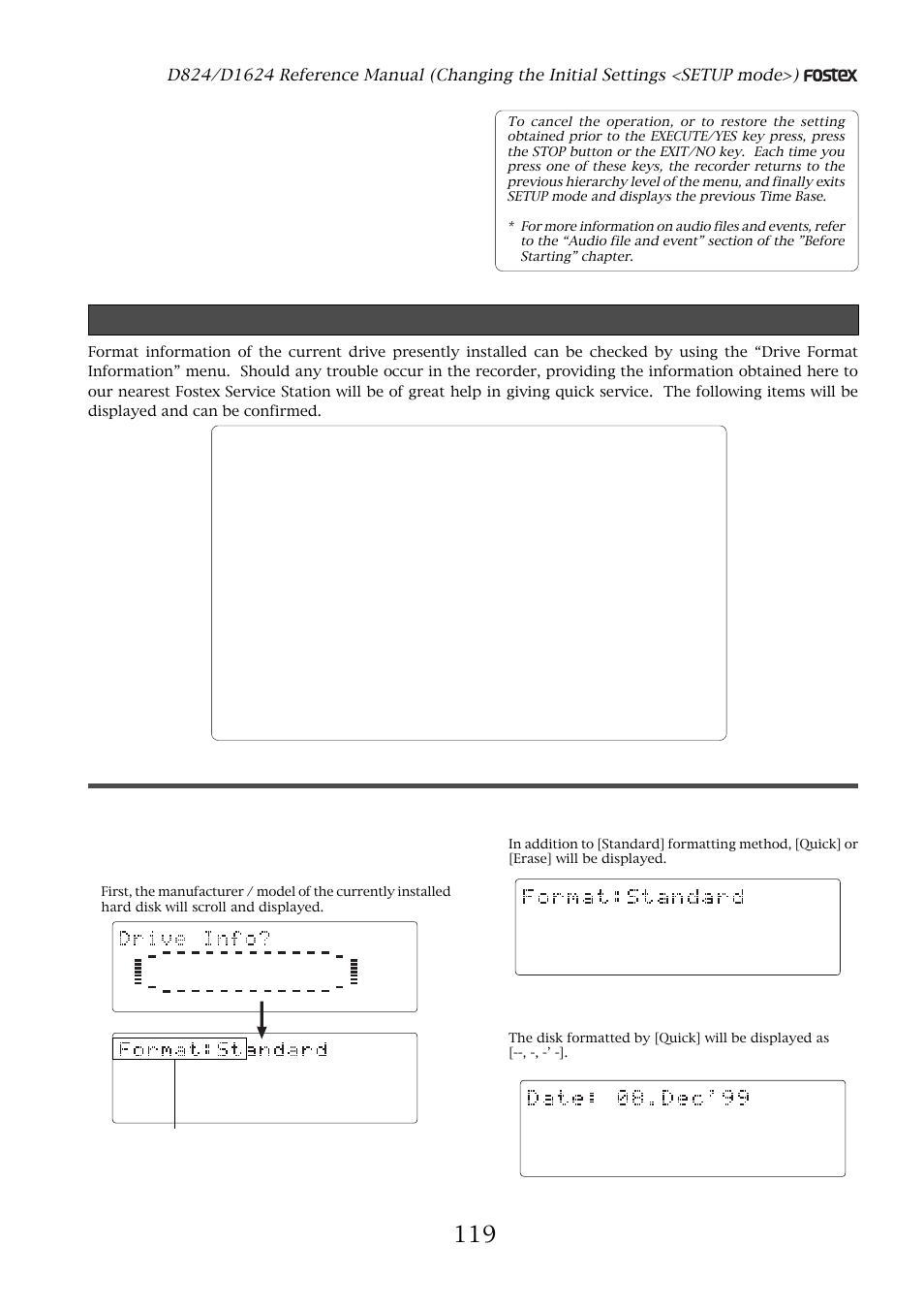 Drive format information, Drive format information (“drive info?” menu), Checking method of the format information | The disk formatted by [quick] will be displayed as, Scrolled and displayed | Fostex D1624 User Manual | Page 119 / 136