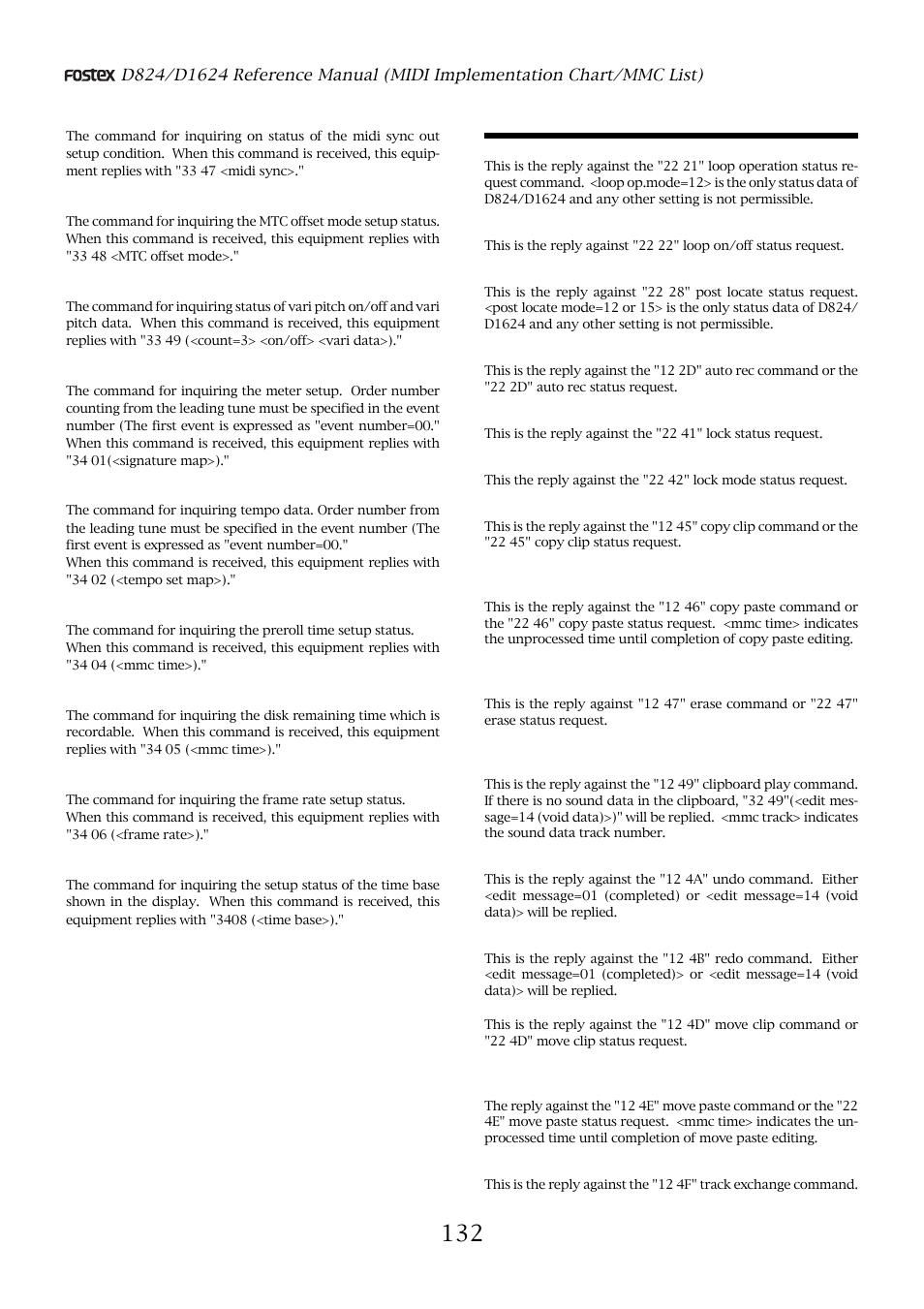 Explanation on the status reply | Fostex D1624 User Manual | Page 132 / 136