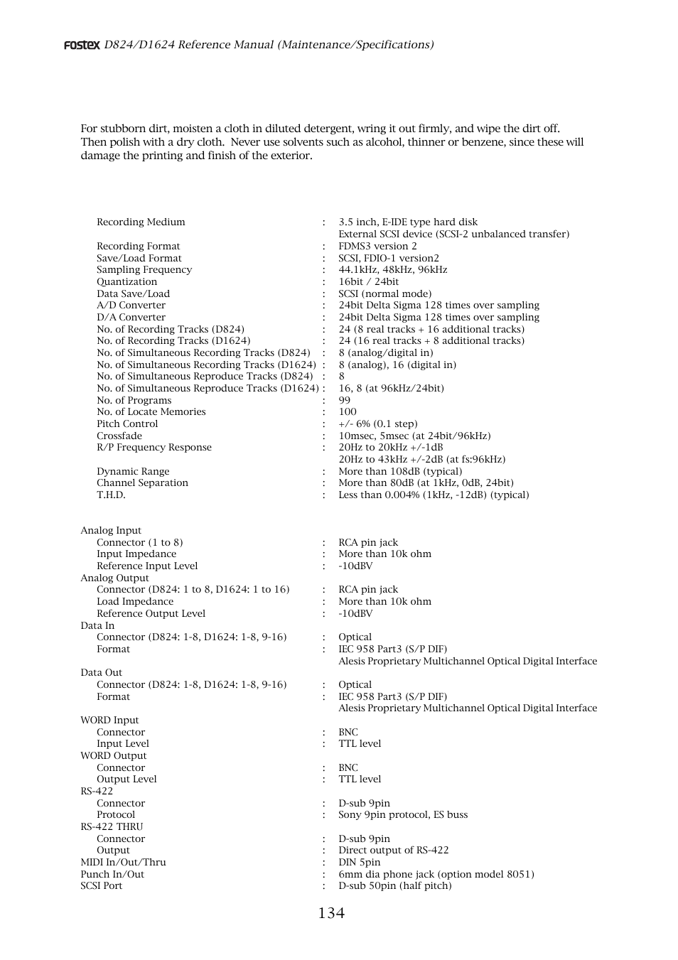 Maintenance, Specifications, Cleaning the exterior | For normal cleaning, use a soft dry cloth | Fostex D1624 User Manual | Page 134 / 136