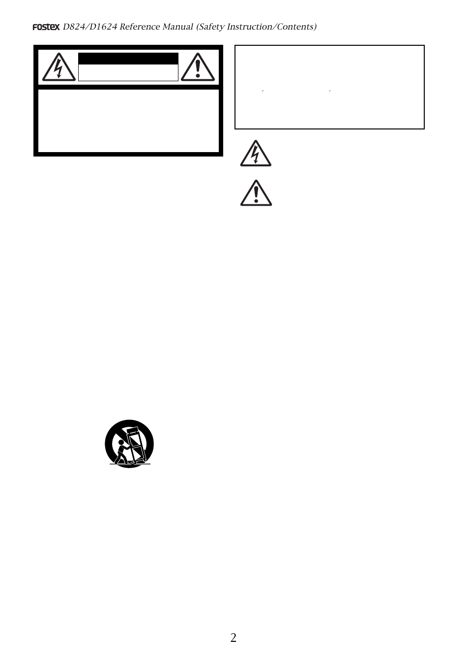 Safety instructions, Warning, Caution | Fostex D1624 User Manual | Page 2 / 136