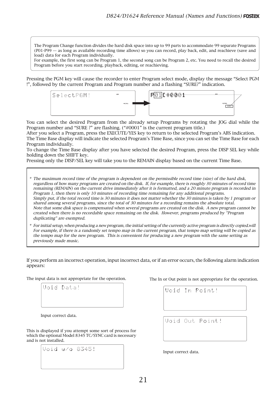 Warning messages, Changing programs using the pgm key, Flashing | Fostex D1624 User Manual | Page 21 / 136