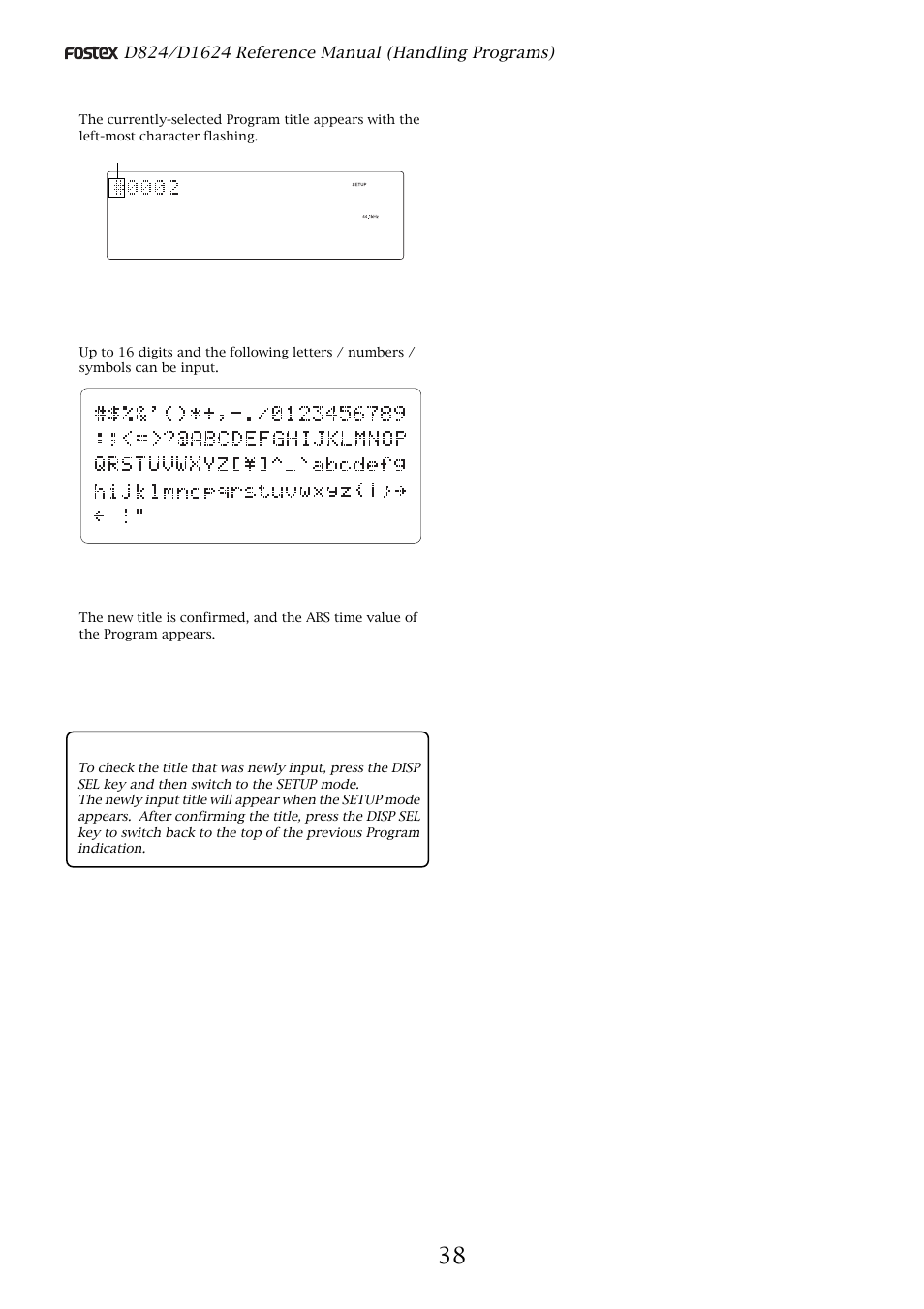 Press the execute/yes key, Press the exit/no key, or the stop button, Check the title input | Fostex D1624 User Manual | Page 38 / 136