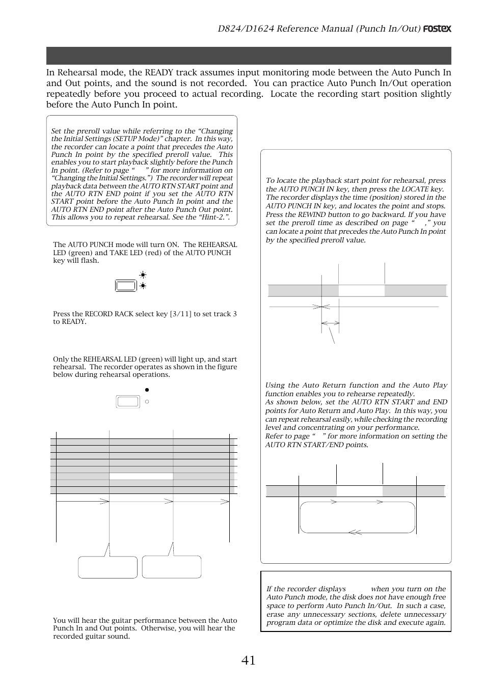 Rehearsing auto punch in/out recording, Press the auto punch key, Set the track for auto punch in/out to ready | Hint 1, Hint 2 | Fostex D1624 User Manual | Page 41 / 136
