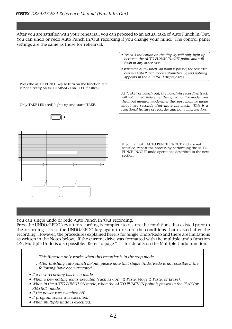 Auto punch in/out take, Single undo/redo auto punch in/out recording, Caution after punch out | Fostex D1624 User Manual | Page 42 / 136