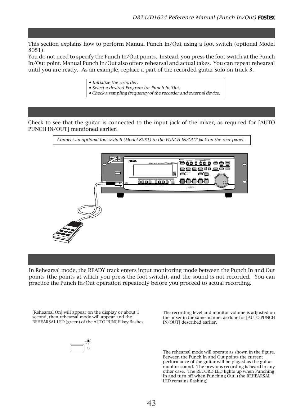 Manual punch in/out, Preparation, Rehearsing manual punch in/out recording | Fostex D1624 User Manual | Page 43 / 136