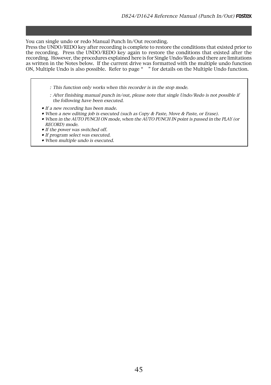 Single undo/redo manual punch in/out recording | Fostex D1624 User Manual | Page 45 / 136