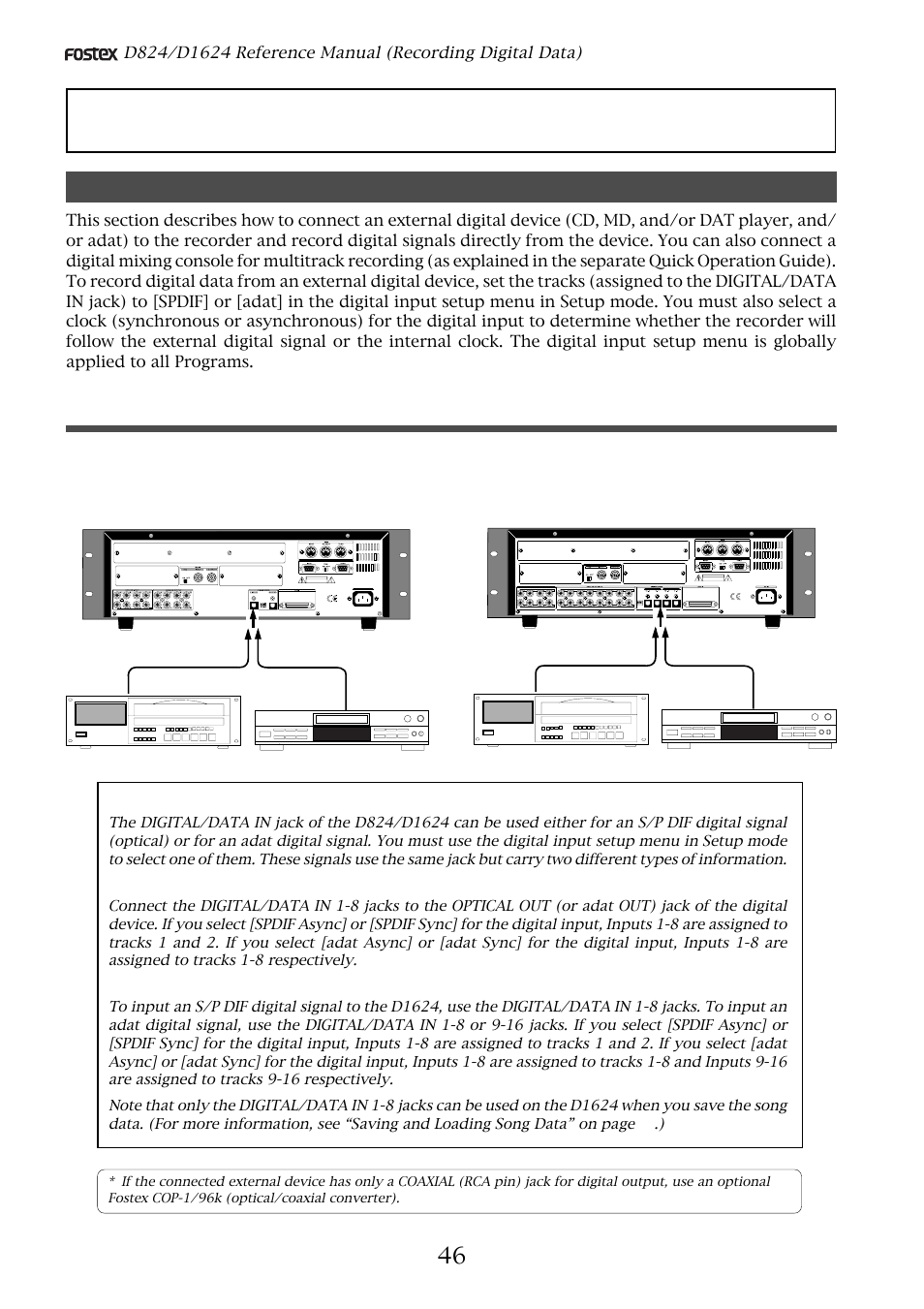 Recording digital data, Digital recording from an external digital device | Fostex D1624 User Manual | Page 46 / 136