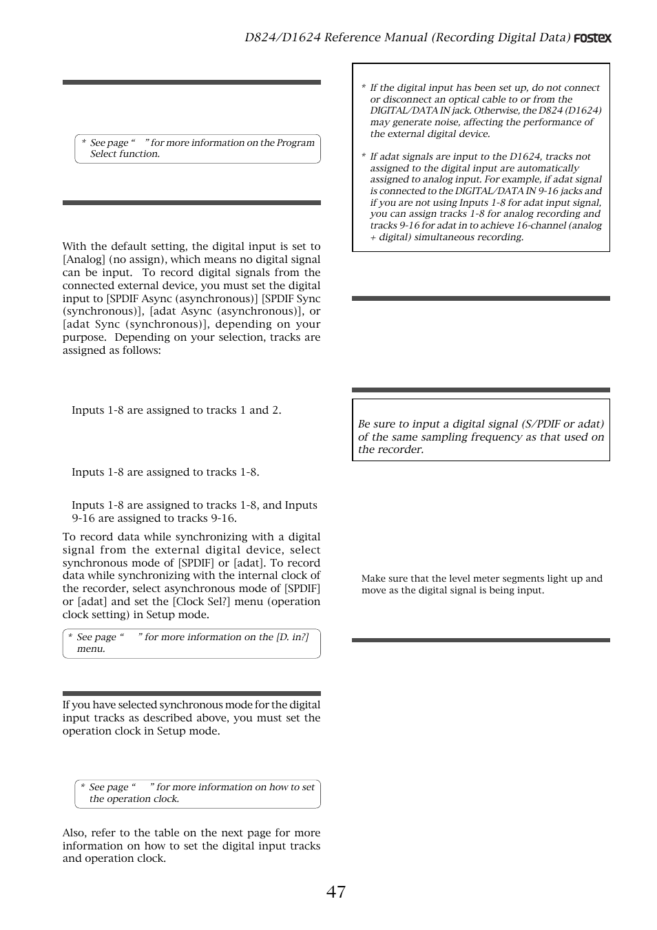 Selecting a recording program, Setting the digital input, Setting the operation clock of the recorder | Setting recording tracks, Recording <important, Completing recording | Fostex D1624 User Manual | Page 47 / 136
