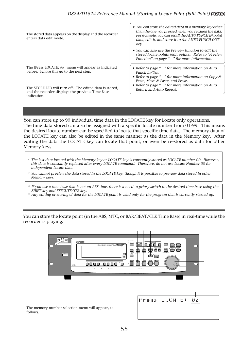 Storing and editing locate key, Storing in real-time | Fostex D1624 User Manual | Page 55 / 136