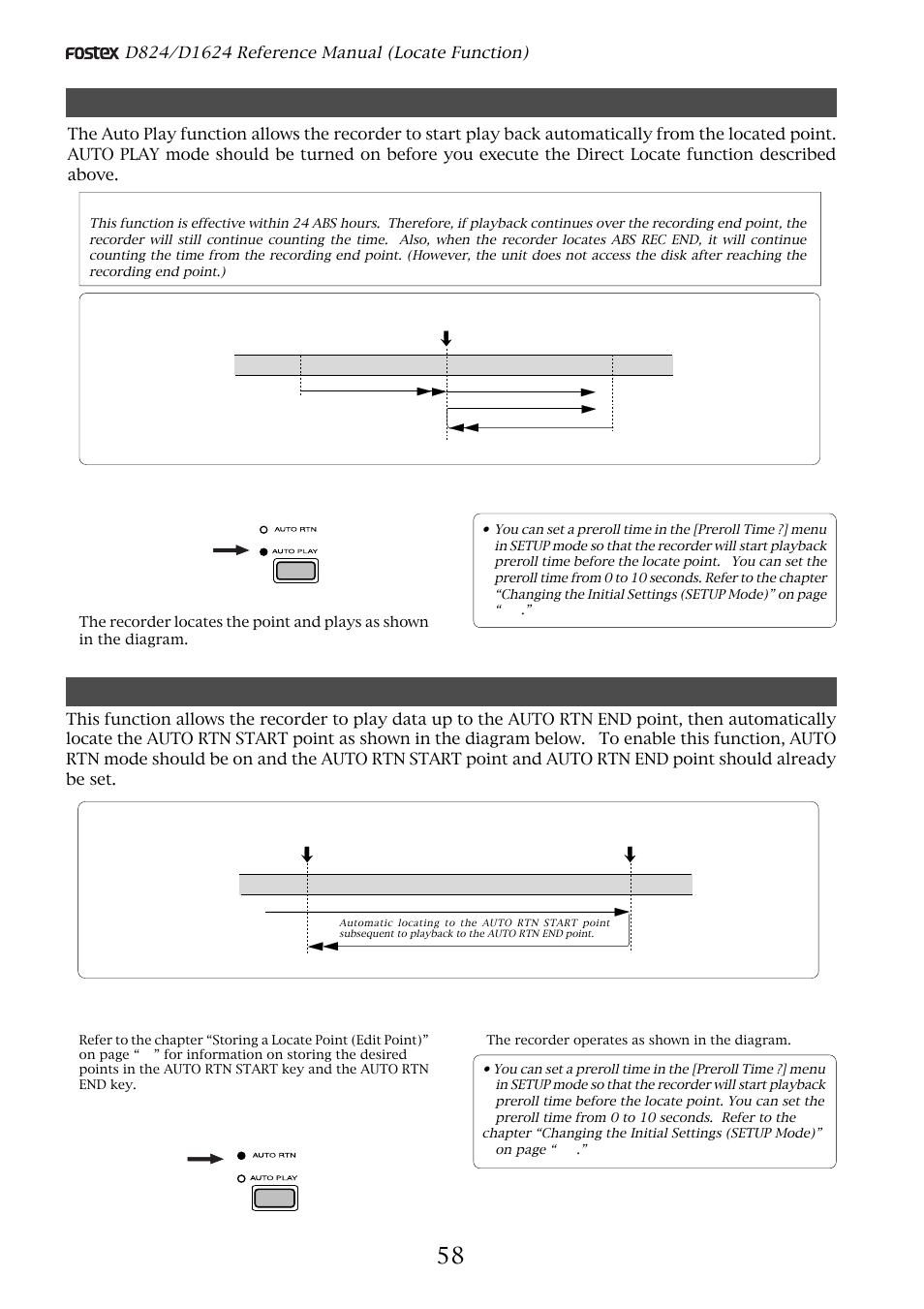 Auto play function, Auto return function | Fostex D1624 User Manual | Page 58 / 136