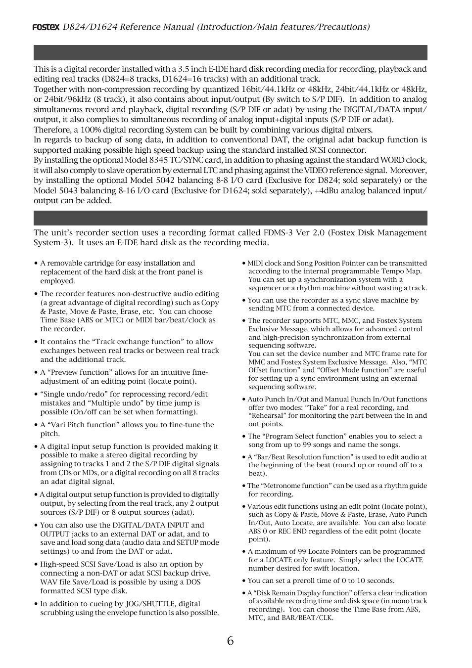 Introduction, Main features | Fostex D1624 User Manual | Page 6 / 136