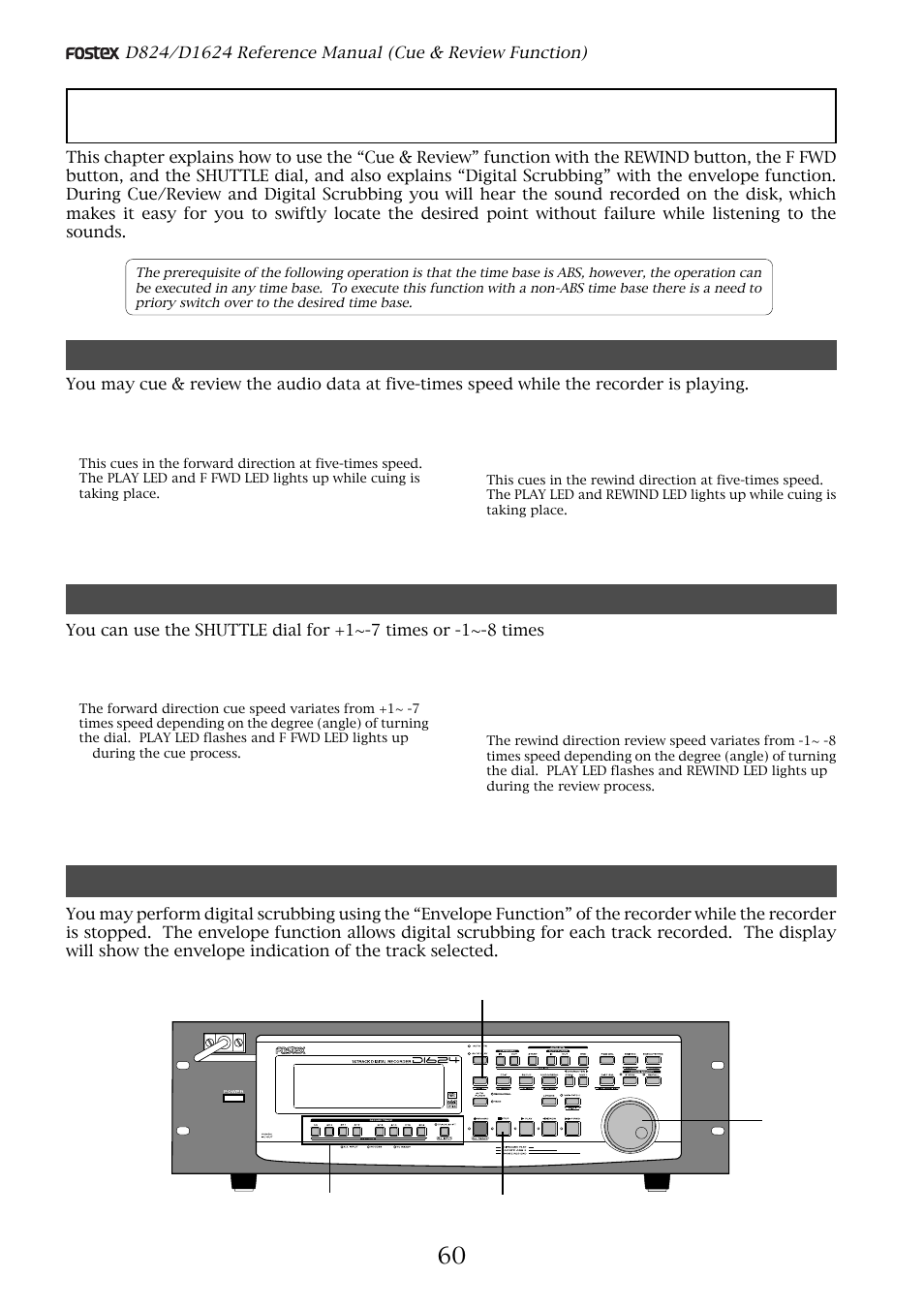 Cue & review function, Cue & review function using the shuttle dial, Digital scrubbing using the envelope function | Fostex D1624 User Manual | Page 60 / 136