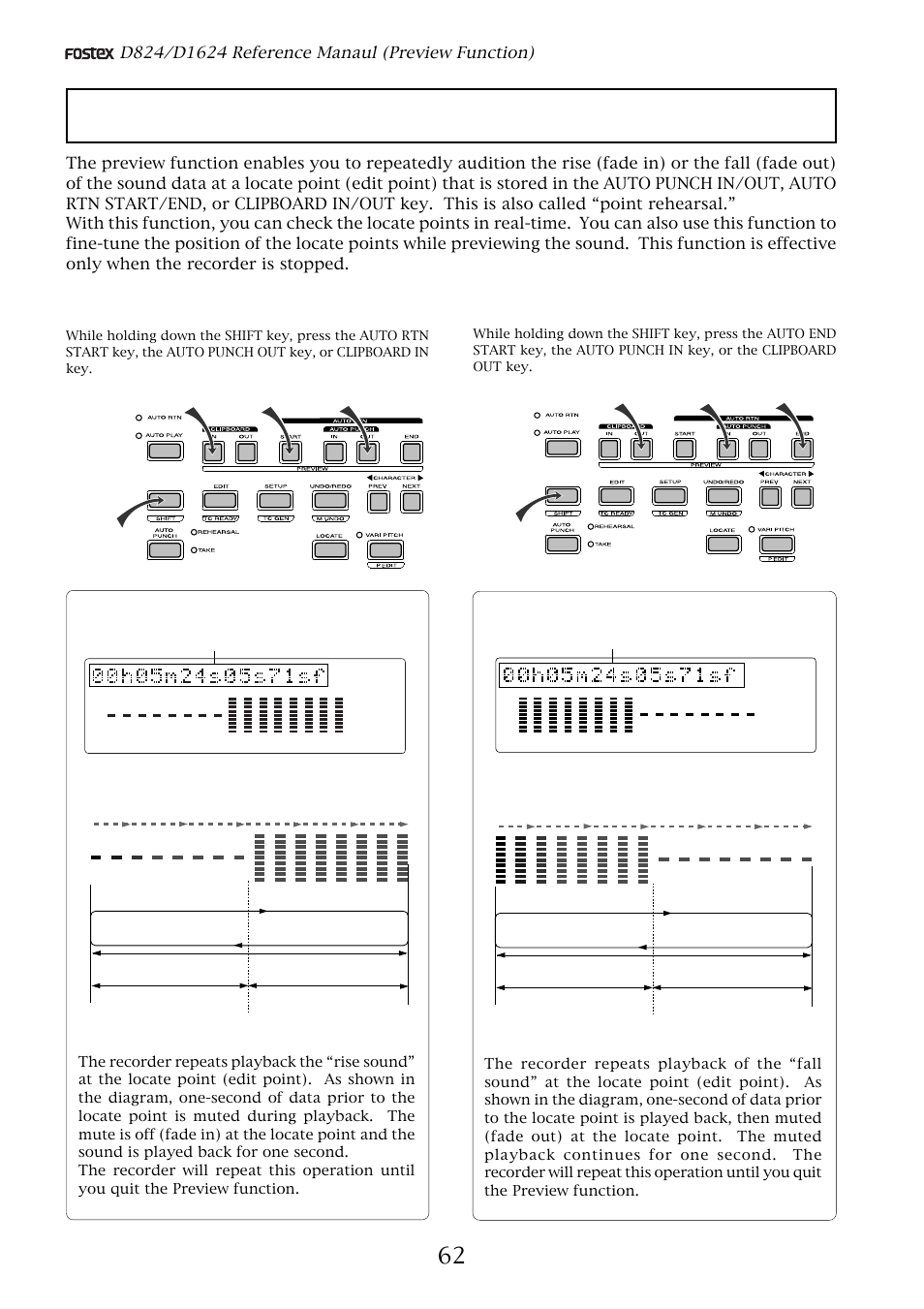 Preview function, Previewing the fall of the sound (fade out) | Fostex D1624 User Manual | Page 62 / 136