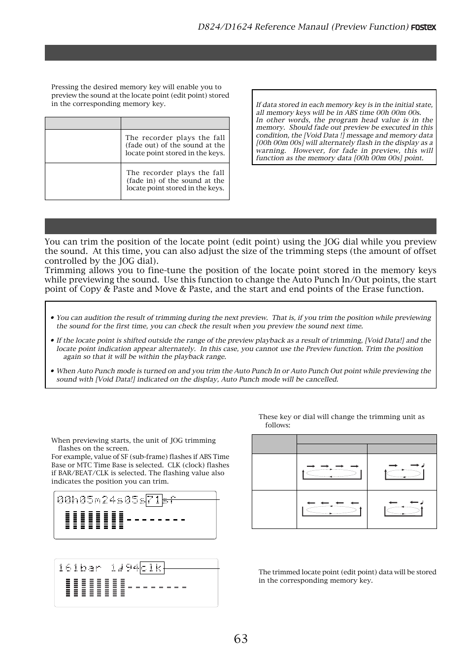 Executing the preview function, Trimming the sound while previewing, Press the stop button or the exit/no key | Time base abs or mtc bar/beat/clk | Fostex D1624 User Manual | Page 63 / 136