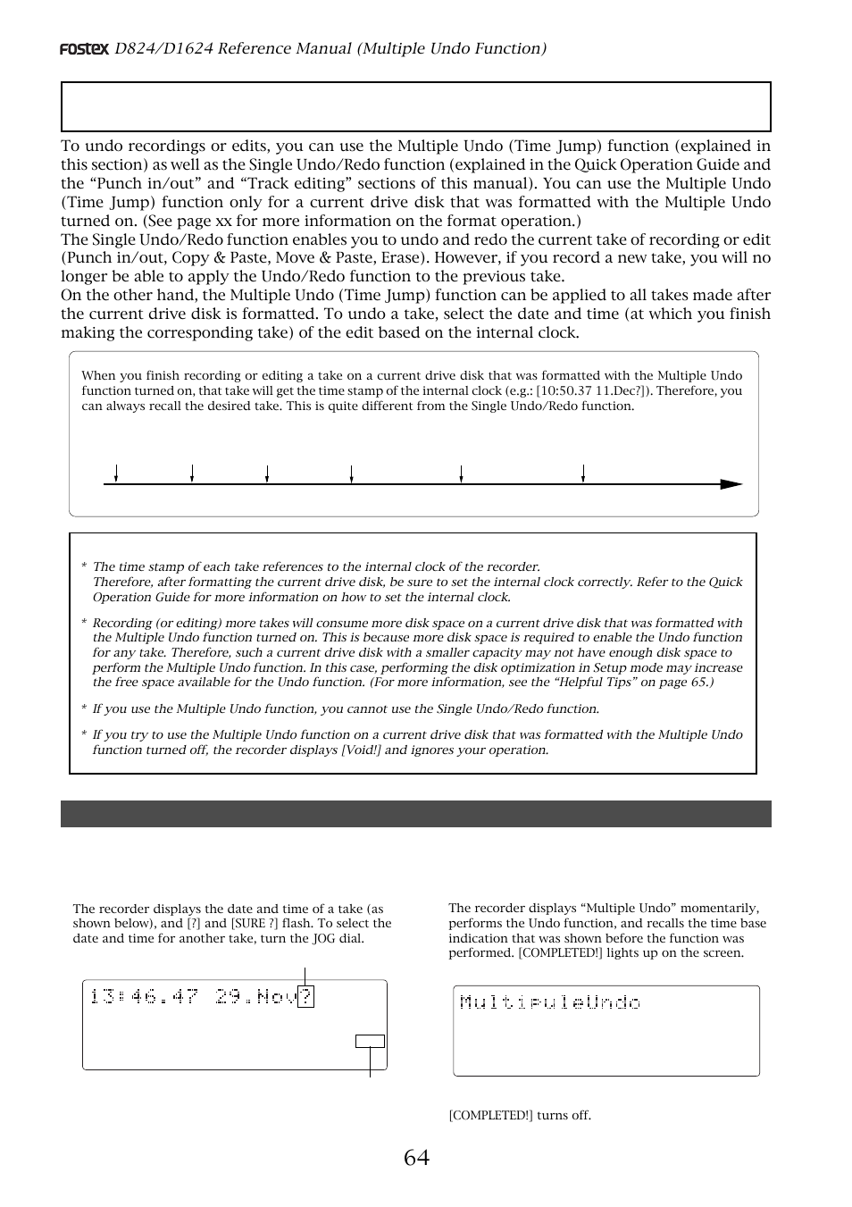 Multiple undo function, Using the multiple undo function, Press the exit/no key or the stop button | Completed!] turns off | Fostex D1624 User Manual | Page 64 / 136