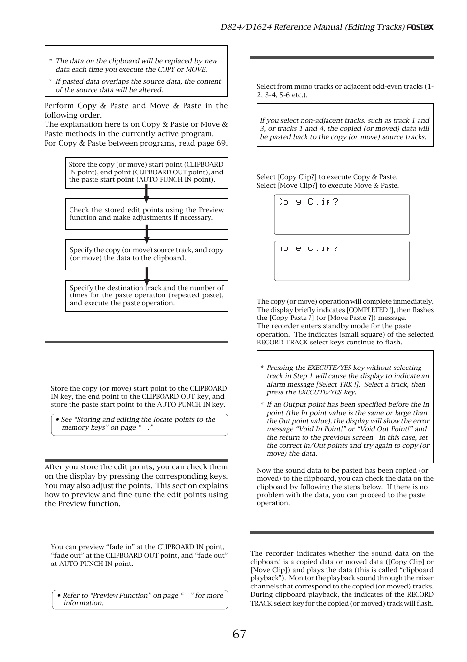 Storing the edit points, Checking and adjusting the edit points, Executing copy (or move) | Checking the clipboard data, Trim the edit point while previewing, Press the execute/yes key, Refer to “preview function” on page, For more information | Fostex D1624 User Manual | Page 67 / 136