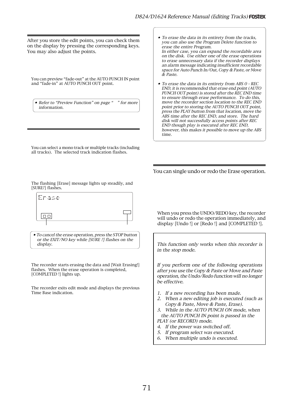Checking and adjusting the edit points, Executing erase, Single undo/redo erase | Check points, Trim the edit point while previewing, Press the execute/yes key again, Press the stop button or the exit/no key, You can single undo or redo the erase operation | Fostex D1624 User Manual | Page 71 / 136