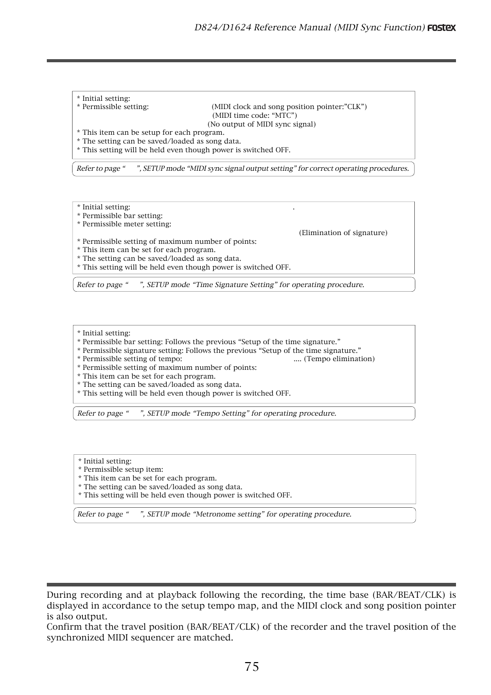 Setup of the recorder, Confirming the midi clock sync | Fostex D1624 User Manual | Page 75 / 136