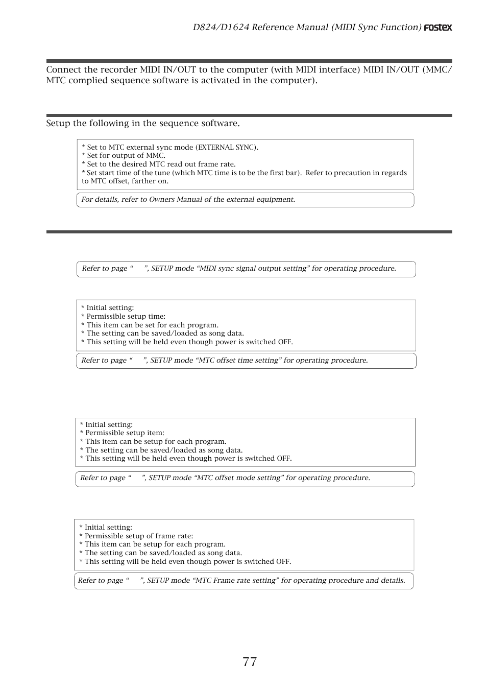 Connecting to external equipment, Setup of external equipment, Setup of the recorder | Fostex D1624 User Manual | Page 77 / 136