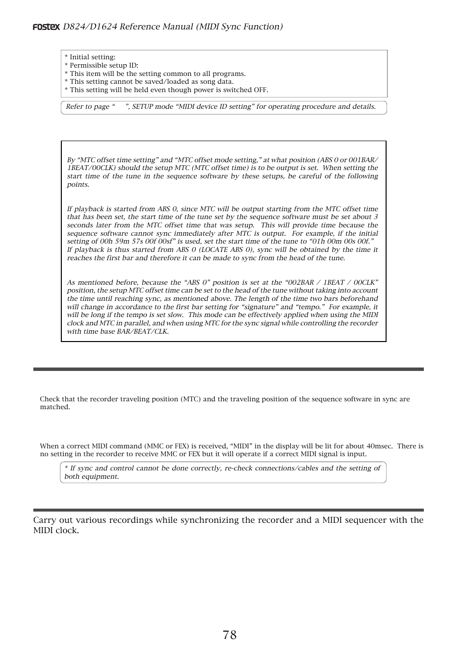 Confirming mtc sync/mmc, Execution of recording | Fostex D1624 User Manual | Page 78 / 136