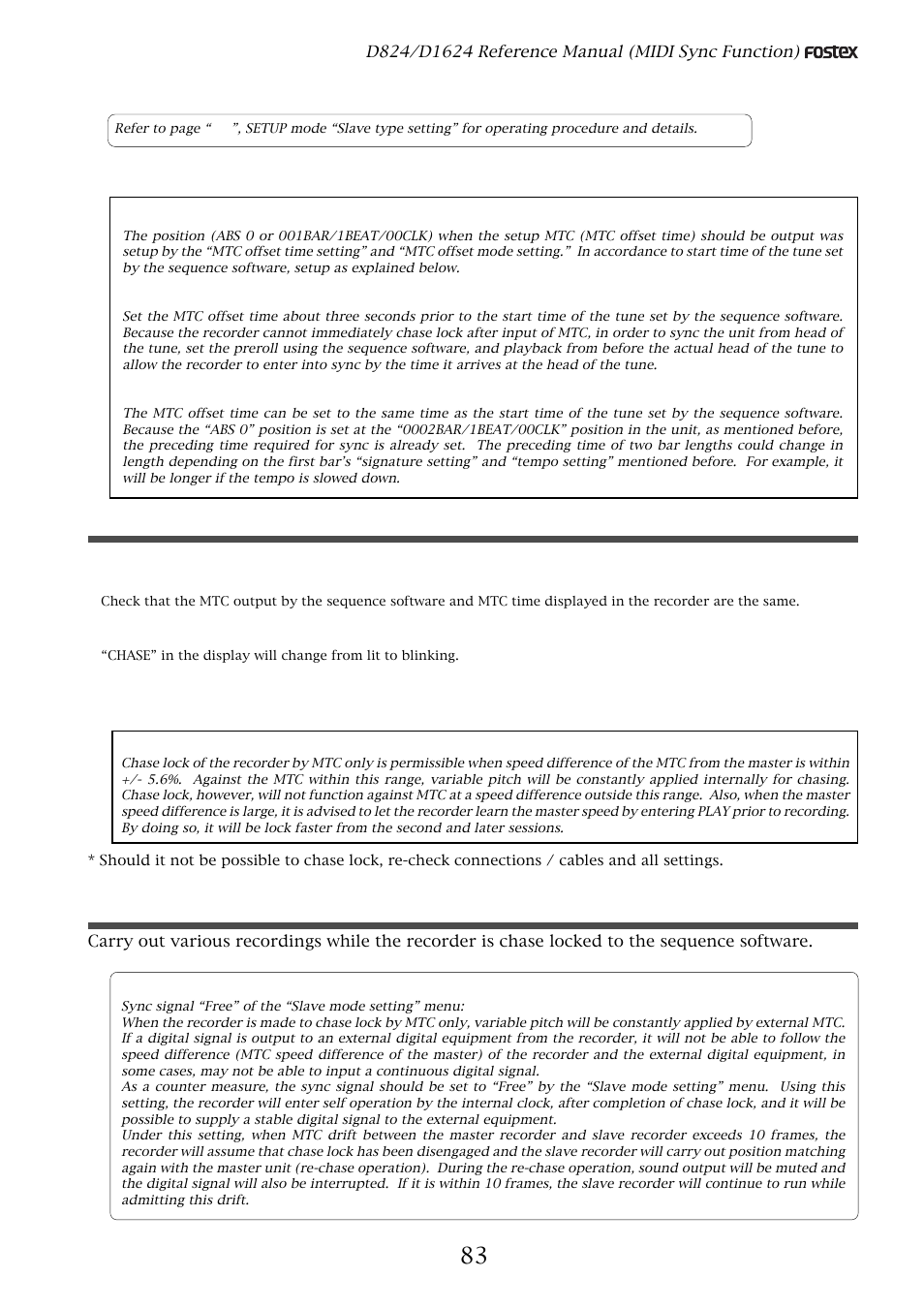 Precautions at mtc related setups, Confirming chase lock, Execution of recording | Fostex D1624 User Manual | Page 83 / 136