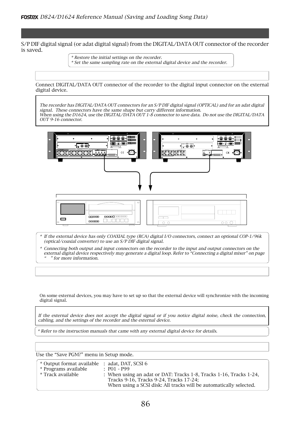 Saving the data using digital/data out, Connecting an external device, Setting up an external device | Executing the save operation | Fostex D1624 User Manual | Page 86 / 136