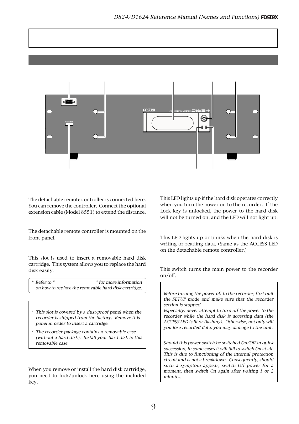 Names and functions, Front panel section | Fostex D1624 User Manual | Page 9 / 136