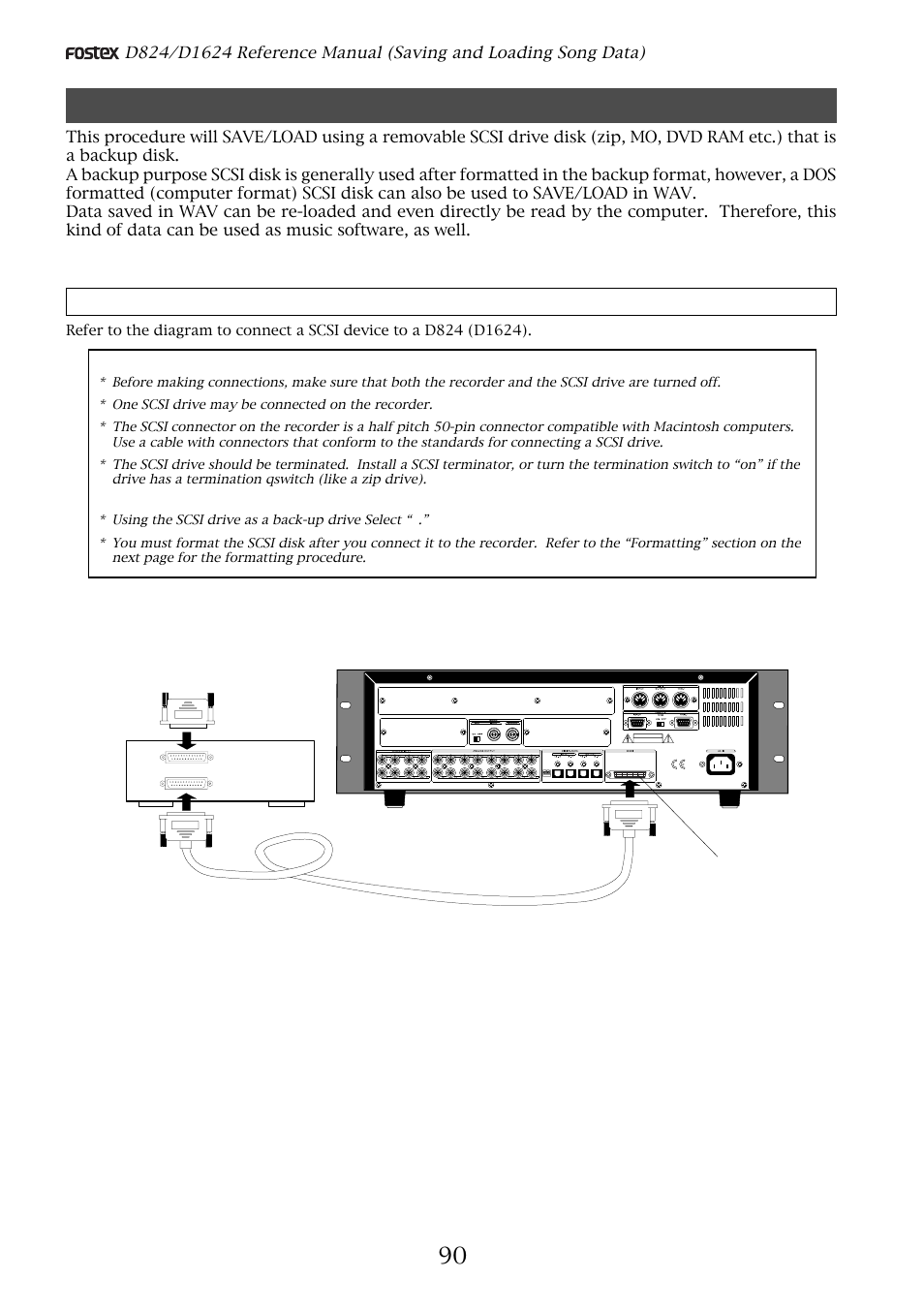 Saving the data using scsi, Connecting a scsi device | Fostex D1624 User Manual | Page 90 / 136