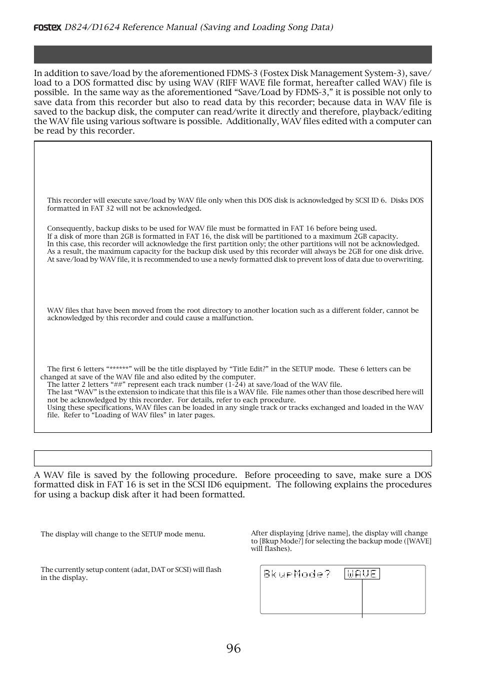 Save/load by wav file, Save/load by “wav” file, Saving of “wav” files | The backup disk, Directory of the backup disk, File name of the “wav” file | Fostex D1624 User Manual | Page 96 / 136