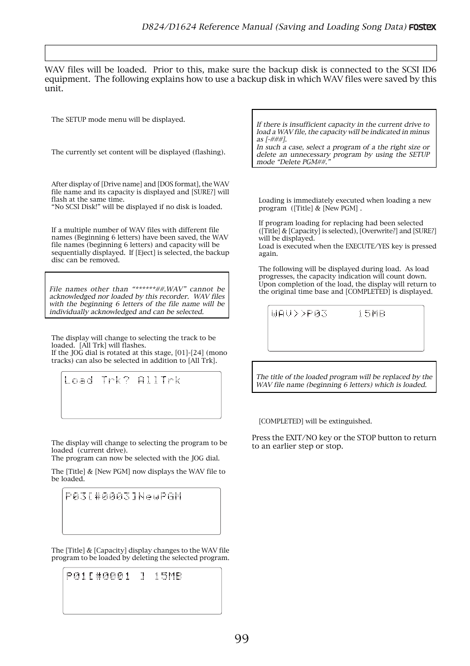 Loading wav files, Select the wav file to be loaded with the jog dial, Select wav file, then press the execute/yes key | Select the track, then press the execute/yes key, Press the exit/no key or the stop button, The setup mode menu will be displayed, Completed] will be extinguished | Fostex D1624 User Manual | Page 99 / 136