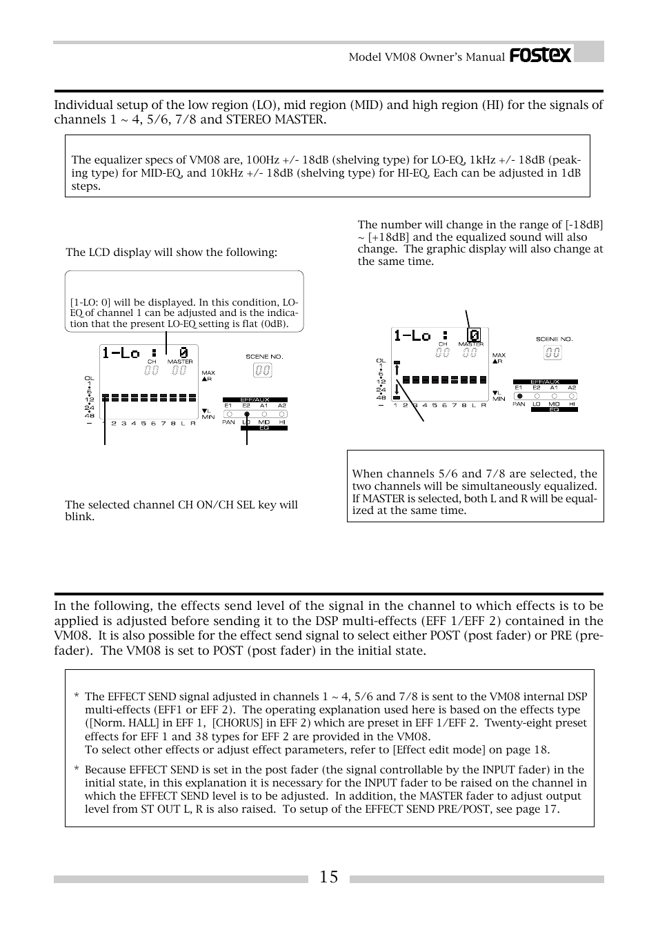 Setup method for eq setting, Setup method of the effect send level | Fostex VM08 User Manual | Page 15 / 30