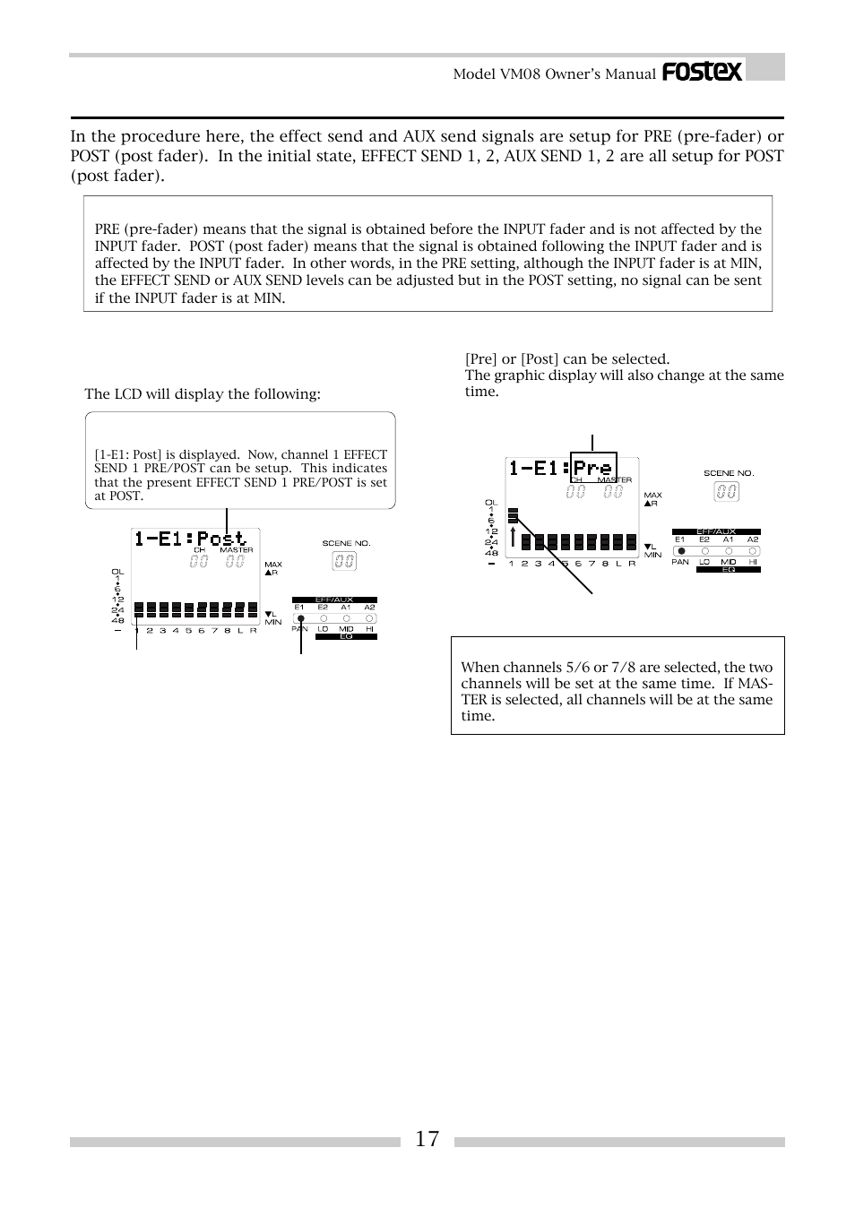 Pre/post setup method for effect send/aux send | Fostex VM08 User Manual | Page 17 / 30