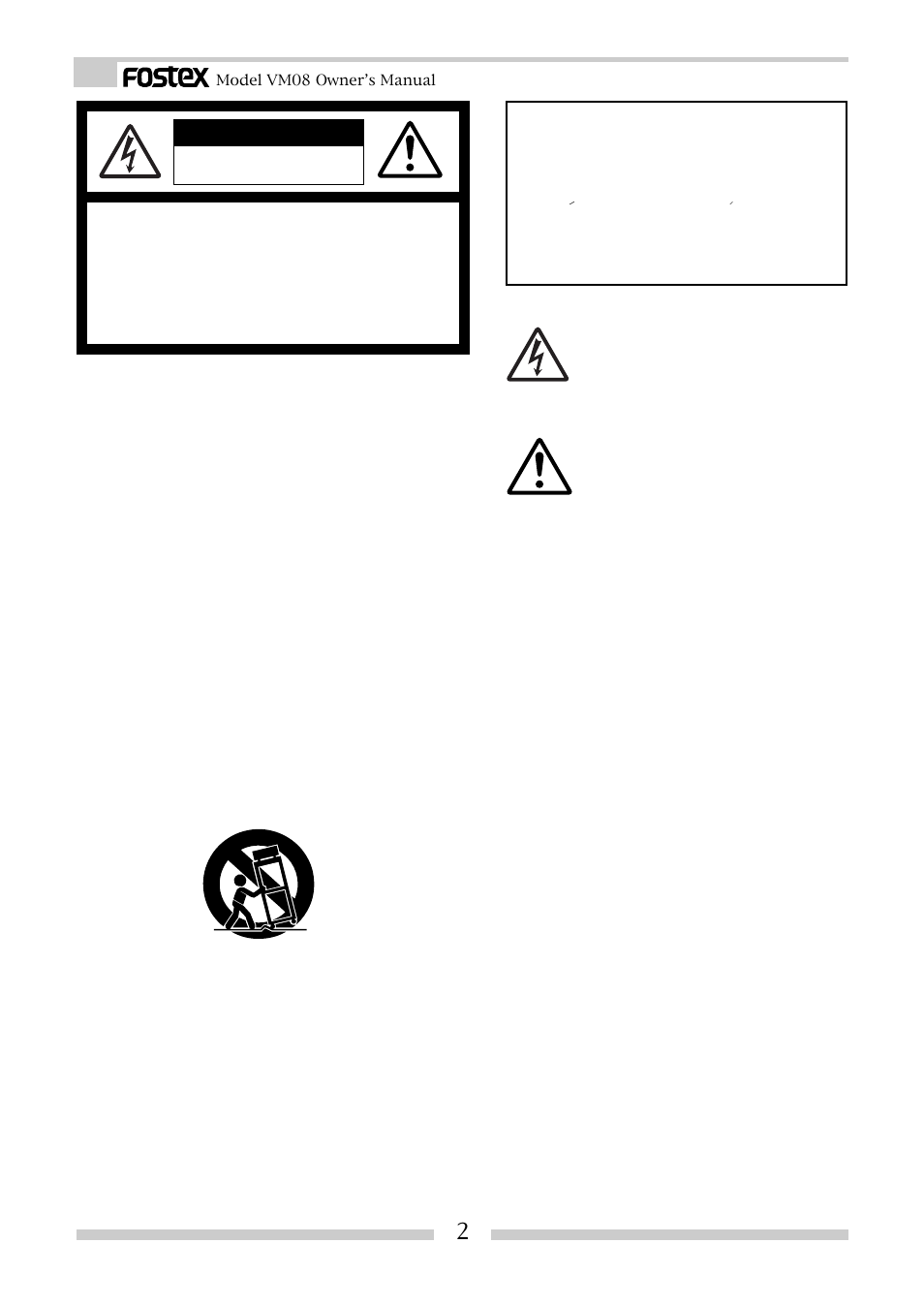 Warning, Safety instructions, Caution | Fostex VM08 User Manual | Page 2 / 30