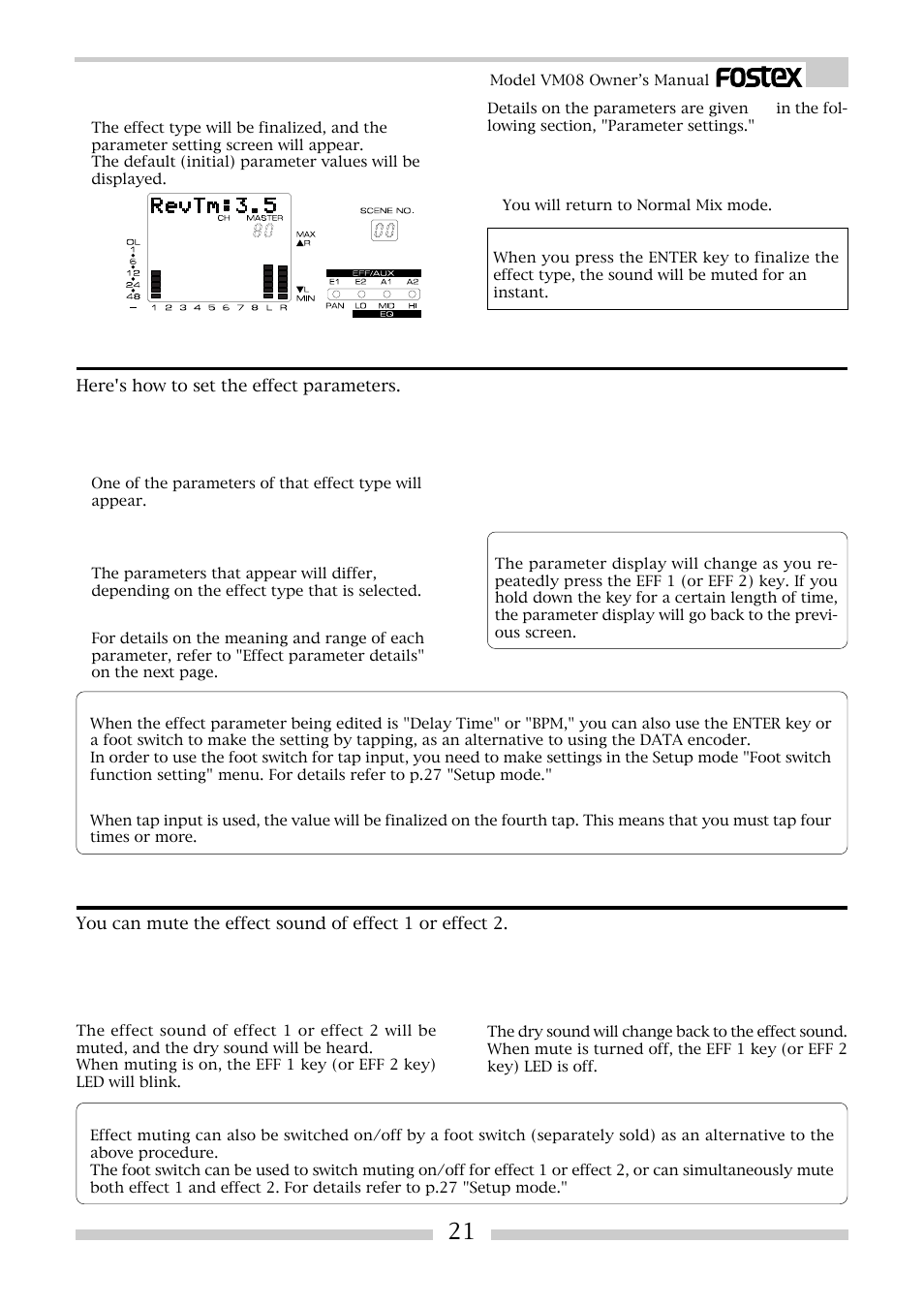 Effect parameter settings, Muting an effect | Fostex VM08 User Manual | Page 21 / 30