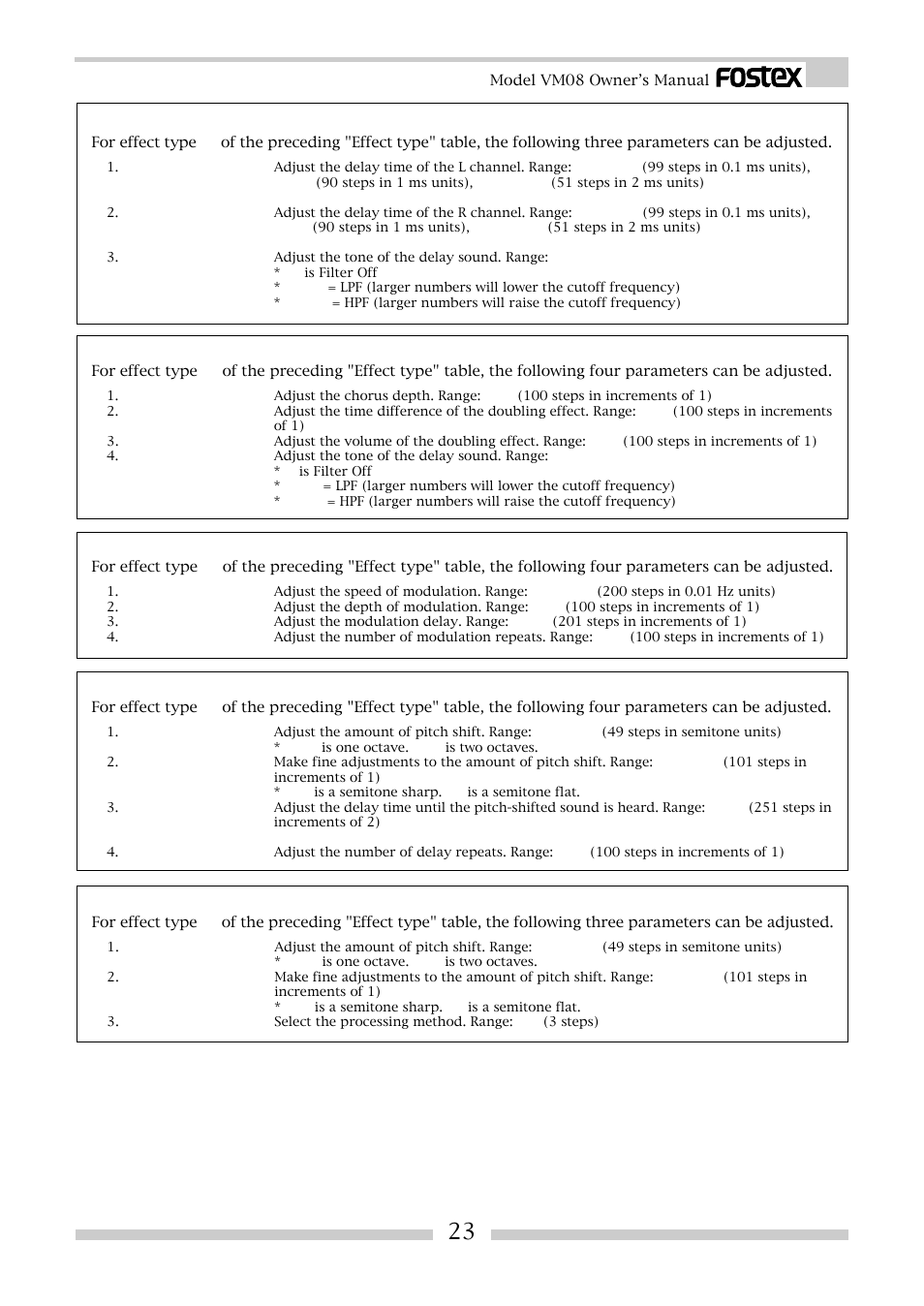 Chorus effect parameters (parameter type: chorus), Flanger effect parameters (parameter type: flange) | Fostex VM08 User Manual | Page 23 / 30