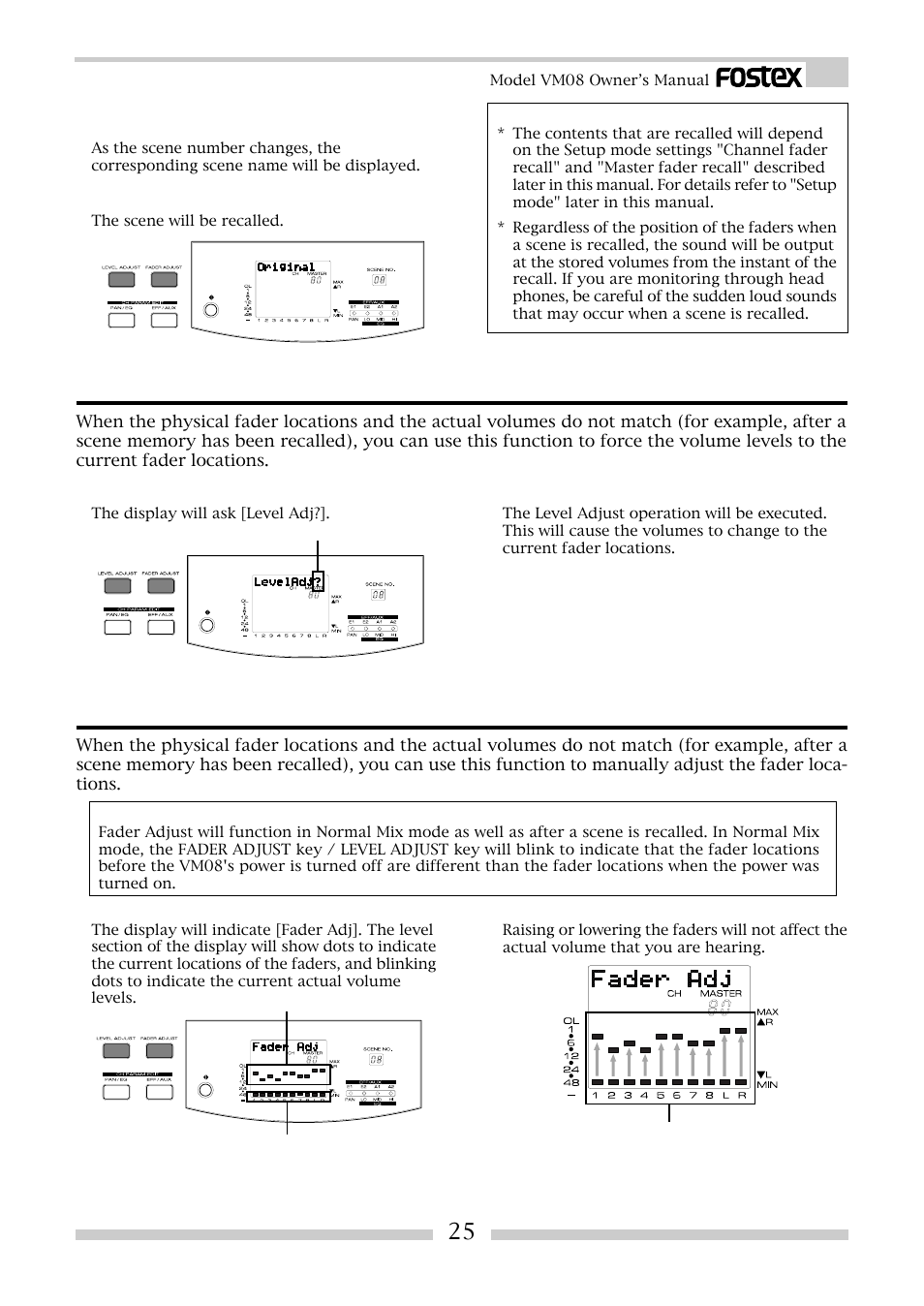 Level adjust, Fader adjust | Fostex VM08 User Manual | Page 25 / 30