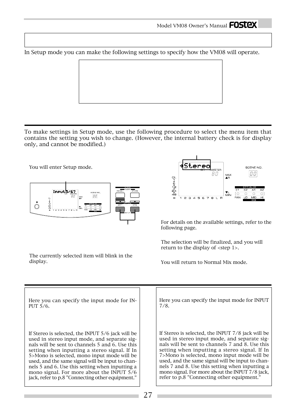 Setup mode, Making settings in setup mode, Details of the setup menu | Fostex VM08 User Manual | Page 27 / 30