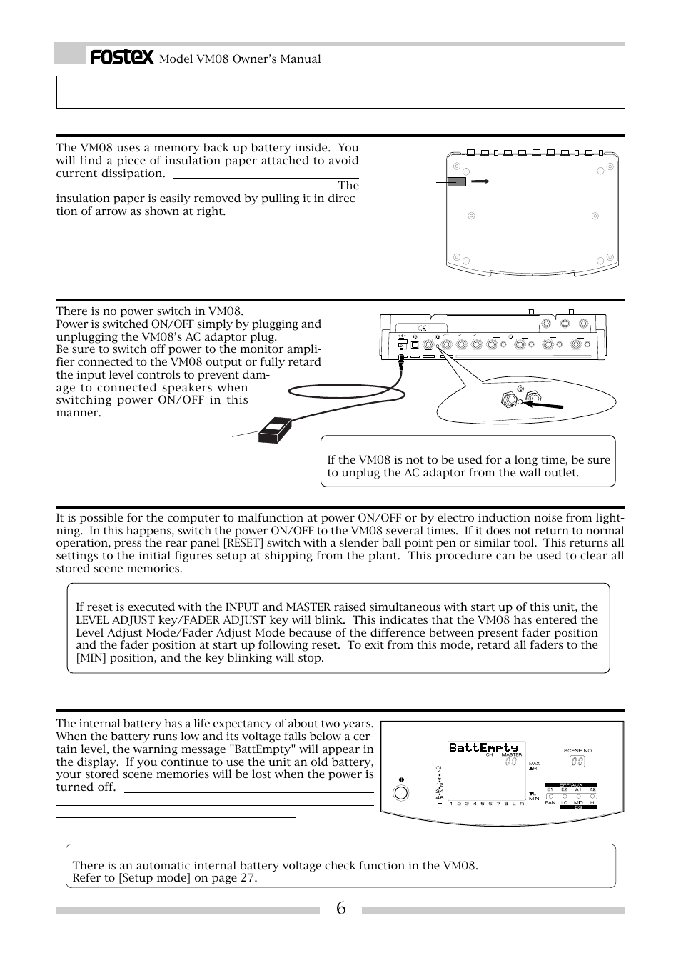 Before operation, Remove the insulation paper, Caution when powering on | Reset of vm08, Caution, Please remember this, Model vm08 owner’s manual, Insulation paper ac adaptor reset switch | Fostex VM08 User Manual | Page 6 / 30