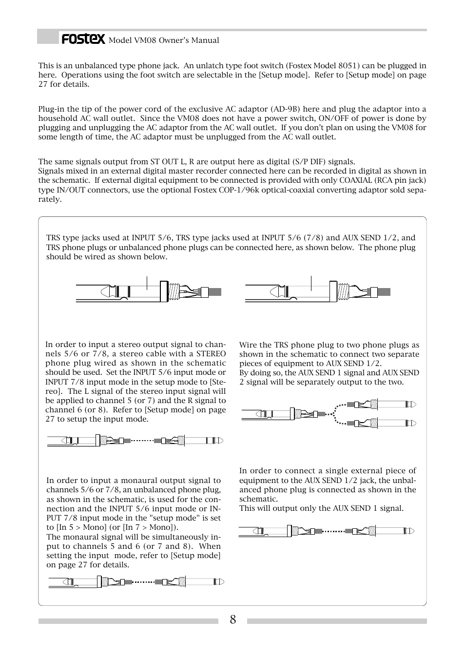 Input 5/6, input 7/8 jacks, Aux send out 1/2 jack | Fostex VM08 User Manual | Page 8 / 30