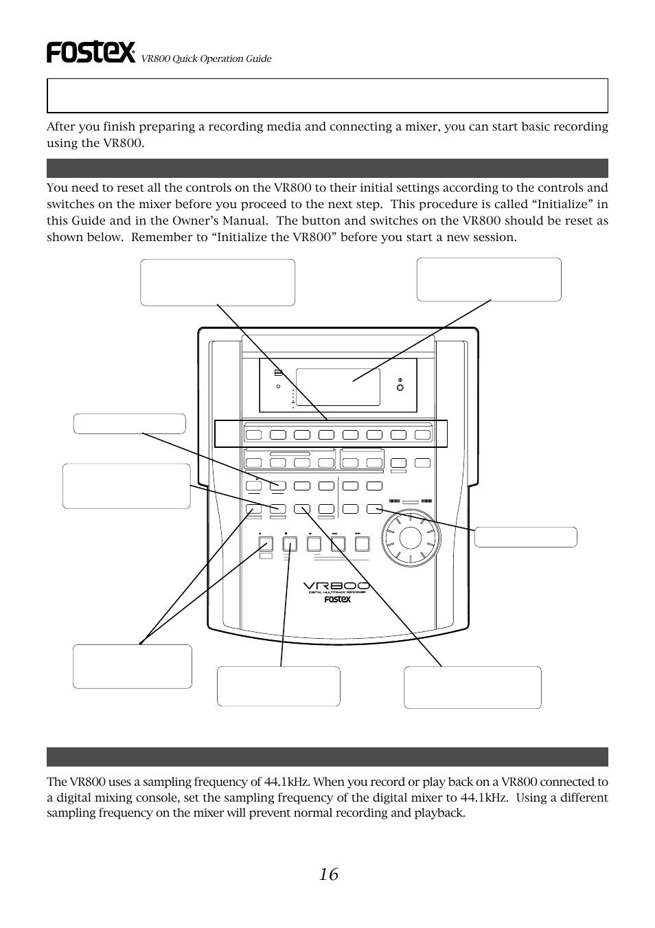 Basic recording, Initial settings, About sampling frequency | Vr800 quick operation guide | Fostex VR800 User Manual | Page 16 / 24