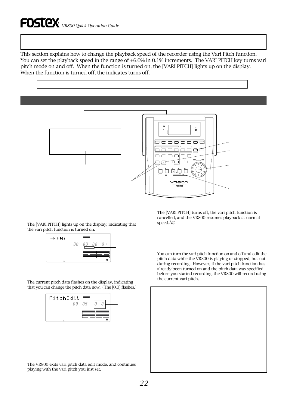 Playback using the vari-pitch function, Procedures vari pitch function 2 | Fostex VR800 User Manual | Page 22 / 24