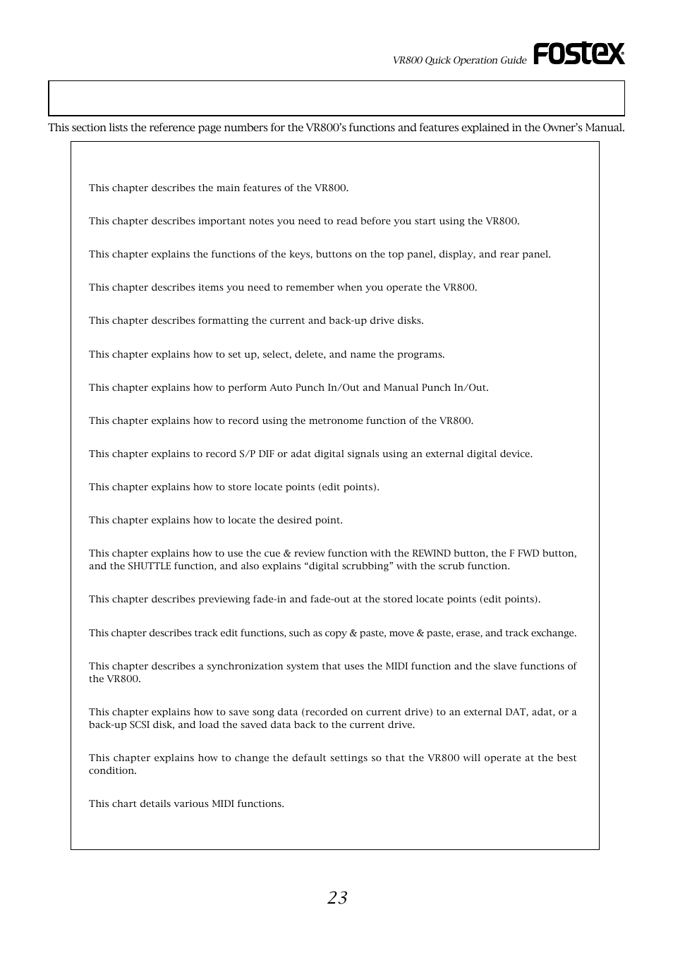 Owner’s manual reference pages, Reference pages | Fostex VR800 User Manual | Page 23 / 24