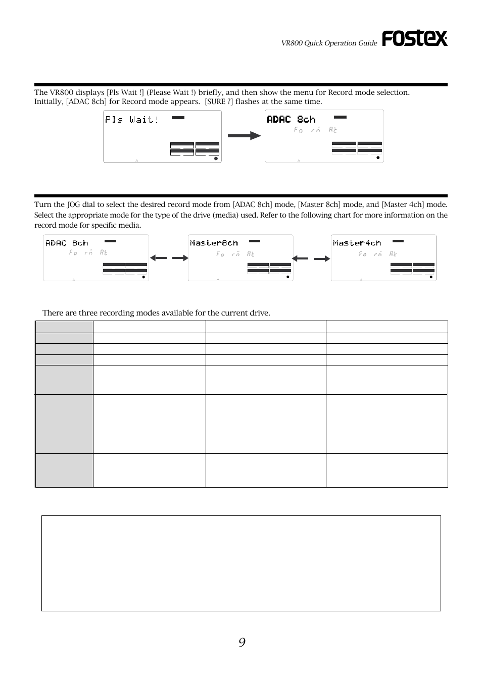 When [sure?] appears, press the execute/yes key, Use the jog dial to select the desired record mode, Record mode | Fostex VR800 User Manual | Page 9 / 24