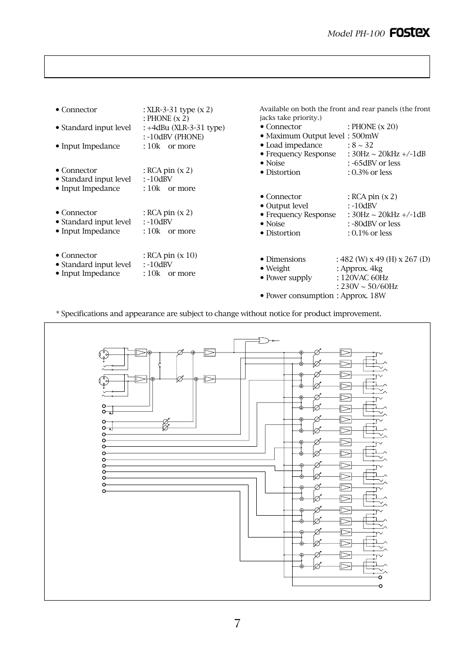 Main specification, Block diagram, Input | Output, General, Model ph-100, Phones out (1~10) | Fostex PH-100 User Manual | Page 7 / 8