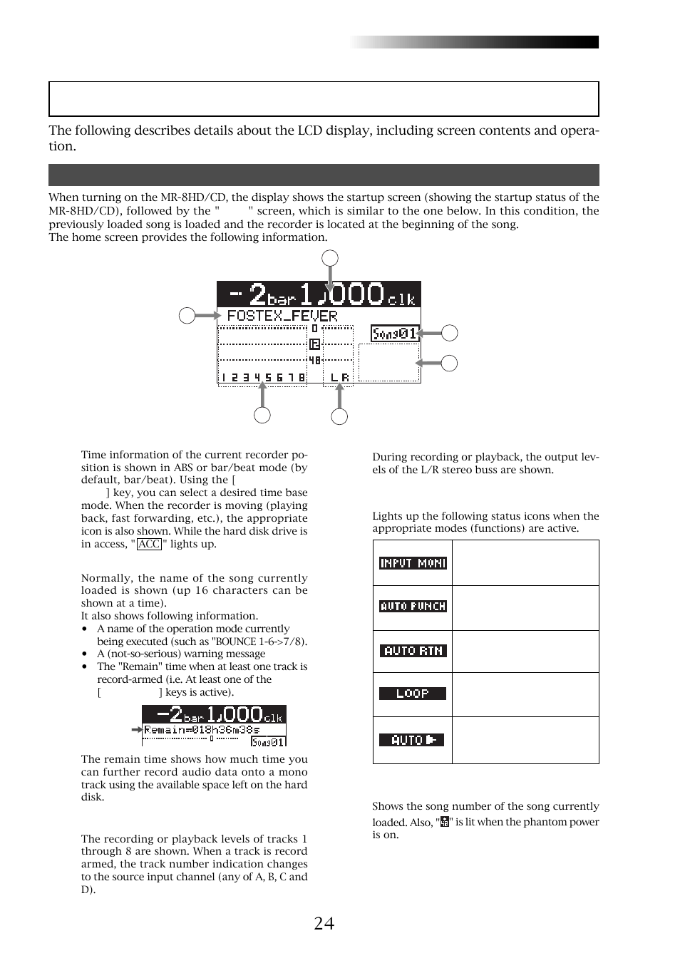 Lcd display, Mr-8hd/cd, Home screen | Fostex MR-8CD User Manual | Page 24 / 148